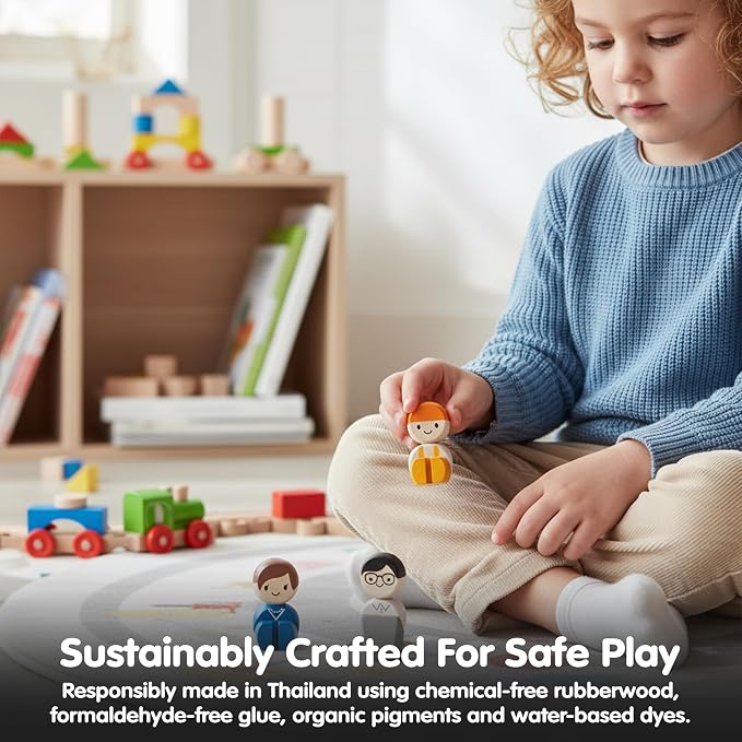 PlanToys® Wooden Dollhouse Tradesman Figure Set | 4 Poseable 1:12 Scale Dollhouse People | Montessori Career and Role Play Figurines | Eco Friendly Sustainable Wooden Toy
