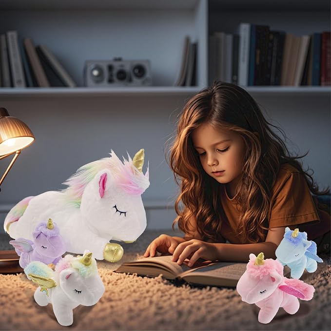 Unicorn Stuffed Animal,Cute Unicorn Mommy Stuffed Animal with 4 Baby Unicorns Plush in Tummy,Kawaii Unicorn Plush Toy Gift for Kids Girls Boys