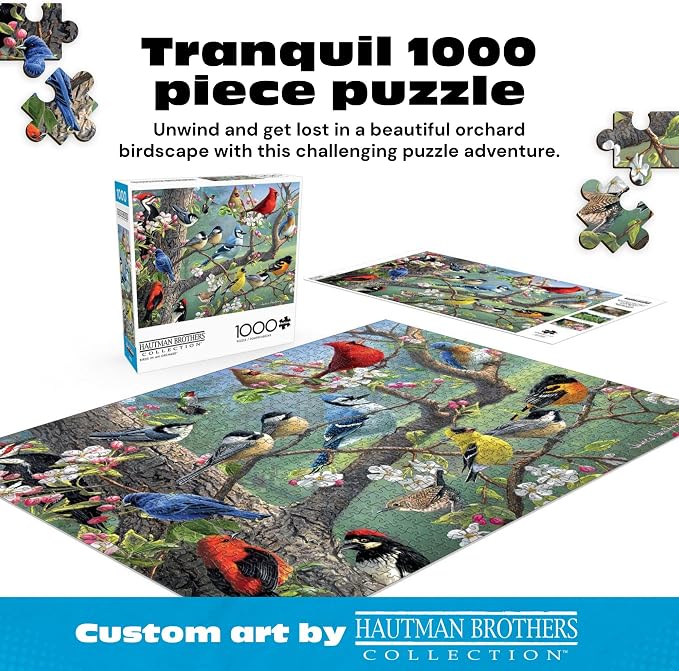 Buffalo Games Hautman Brothers - Birds in an Orchard - 1000 Piece Jigsaw Puzzle for Adults - 26.75 x 19.75 in, Poster Included - Precision Cut Pieces - Jigsaw Puzzles for Adults - Bird Scene