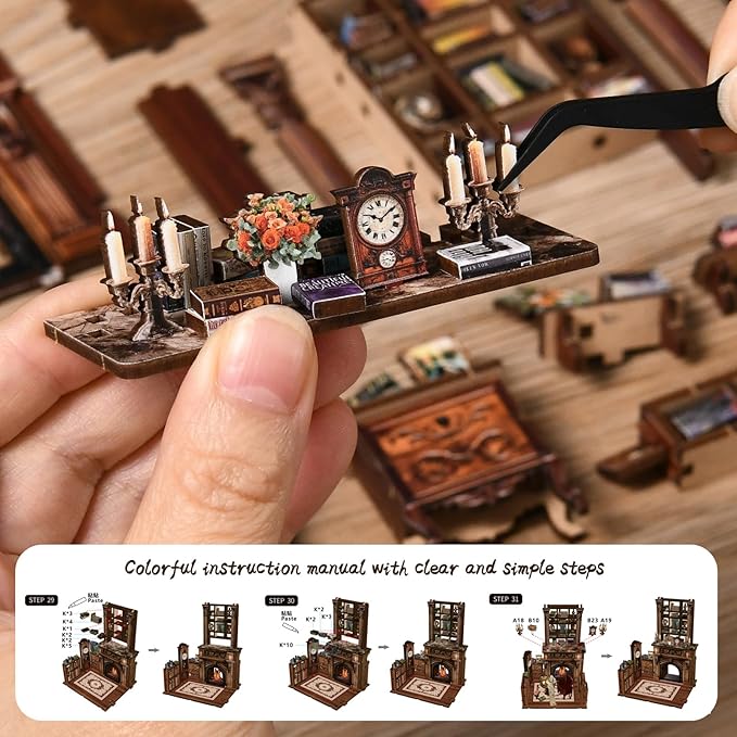 DIY Miniature House Kit, Library Book Nook Kit, 3D Wooden Puzzles Bookshelf Craft Kits, Dollhouse Kit with LED Light, Mini Building Kit for Adults Teen to Build (Twilight Library)