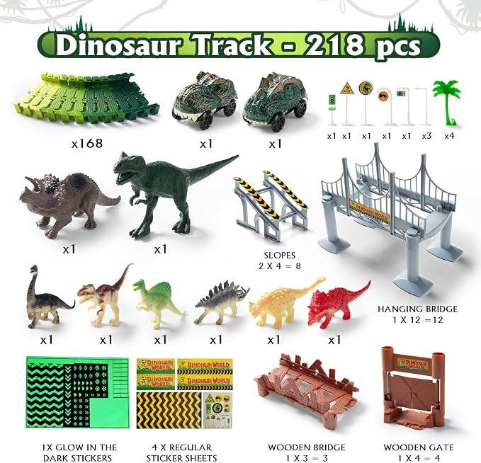 268 PCS Race Tracks Dinosaur Toys for Kids 3-5, Glow in The Dark Magic Toy Set, 2 Dinosaur Cars Track, Flexible DIY Track Set, Birthday Gift for Age 3-9 Boys Toddler Girls