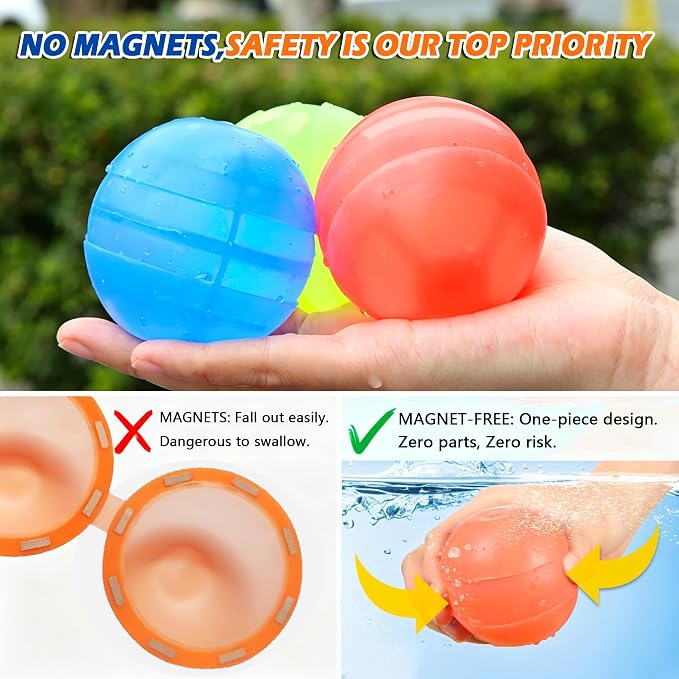 Reusable Water Balloons for Kids, 12 Pack Magnet-Free Safety Self Sealing Water Balls, Quick Fill Silicone Splatter Balls with Mesh Bag, Eco-Friendly Outdoor Summer Toys for Pool Backyard Beach