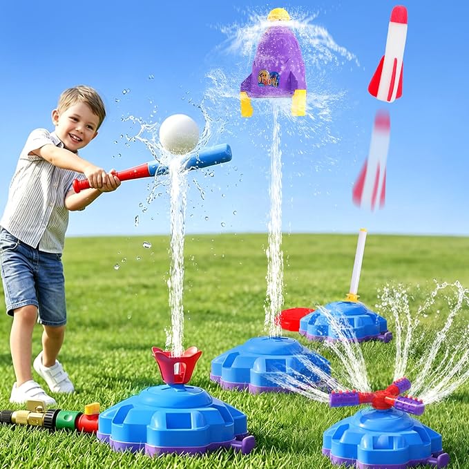 4-in-1 Sprinkler Toys for Kids Ages 4-8, Water Baseball, Rotating Water Spray, and Rocket Launcher for Toddlers, Backyard, Garden, Lawn, and Pool Outdoor Play in Summer for Boys and Girls Ages 3-5.