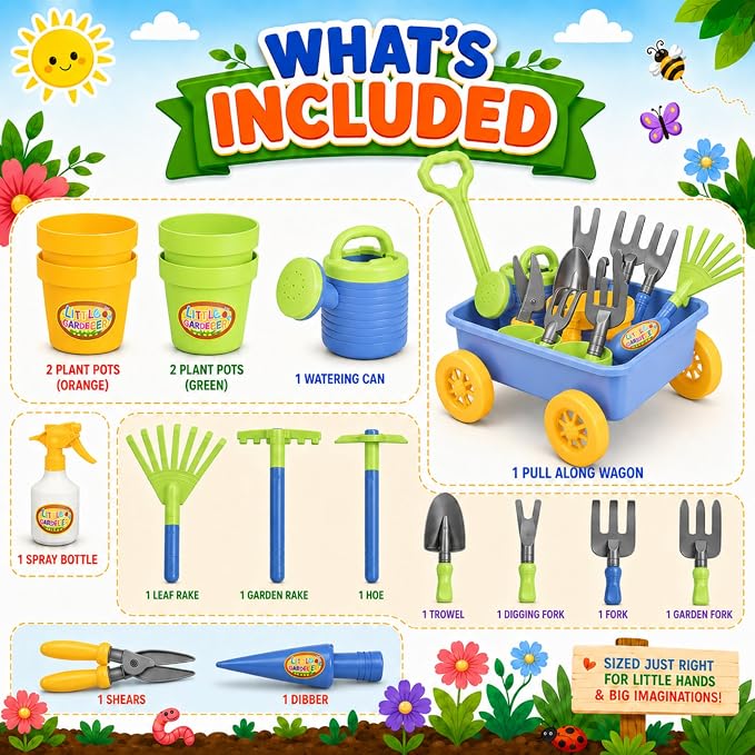 Liberty Imports Pull Along Garden Wagon and Gardening Tools Toy Play Set for Toddlers, Kids with Outdoor Tools, Plant Pots, Accessories