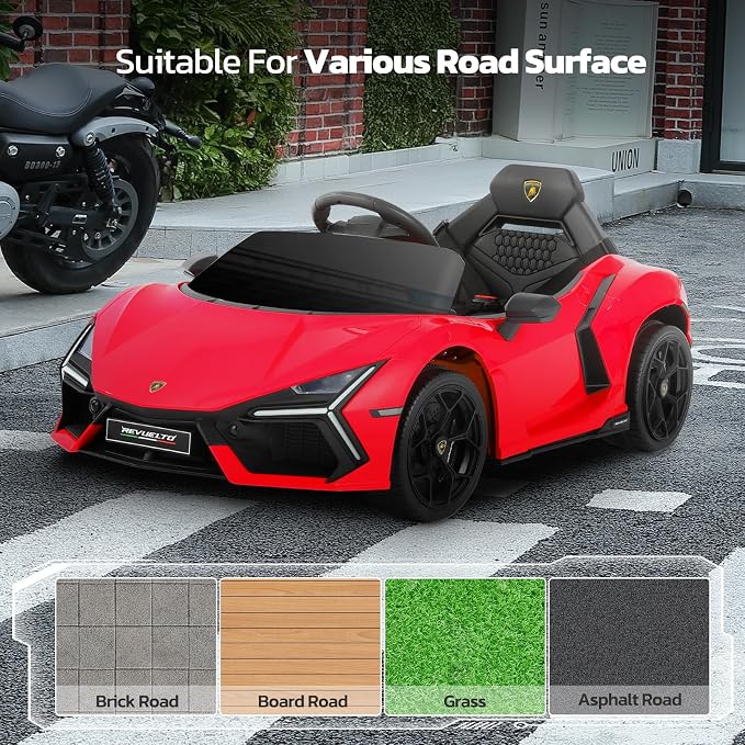 ELEMARA Kids Lamborghini Electric Cars with Scissor Doors, Remote Control Battery Kids Car, 12V Ride On Car for Toddlers with LED Light,Bluetooth,MP3 Player and Wide Seat, Deep Red