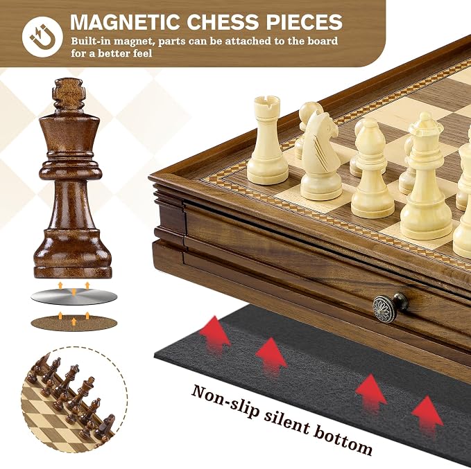 Peradix Magnetic Chess and Checkers Set with 2 Built-in Storage Drawers,15" Classic 2 in 1 Wooden Board Games, Magnetic Chess Pieces, 2 Extra Queens, Luxury Chess Set for Adults and Kids Gift Package