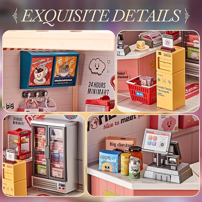 Miniature DIY House Kit Convenience Store – 92Pcs 1:24 Scale Dollhouse Mini-Mart Corner Store Shop with LED Light, Realistic Snacks & Connectable Base for Kids 8+ and Hobbyists
