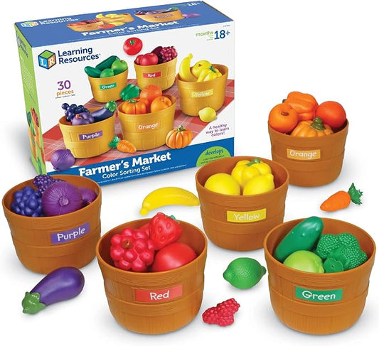 Learning Resources Farmer's Market Color Sorting Set - Pretend Play Food Sets for Kids Kitchen, Color Sorting Toys, Plastic Fruit and Vegetable Toy for Kids Kitchen Set, Play Food for Toddlers 1-3