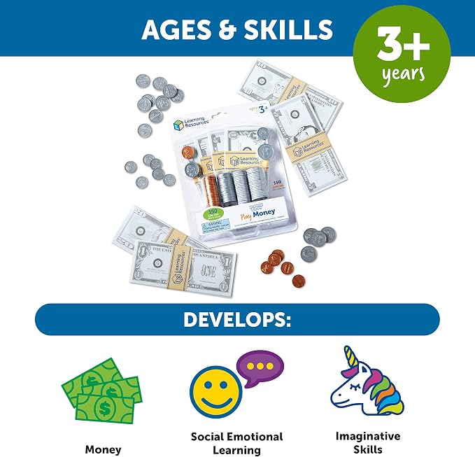 Learning Resources Pretend & Play Money - Kids Cash Register, Dollars, Pretend Classroom Play Sets for Kids, Toy Currency, Toy Dollar Bills