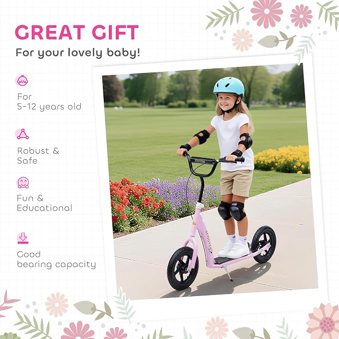 HOMCOM Kick Scooter for Kids 5-12 Years Old, Big Wheel Kids Scooter with Adjustable Height Handlebar, 12" EVA Tyres, Non-Slip Footplate, Rear Brake