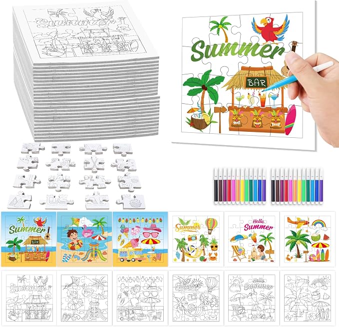 Fennoral 24 Pack Summer Craft Kit for Kids Bulk Make You Own Summer Jigsaw Puzzle with Base Design DIY Coloring Art and Craft for Classroom Activity Luau Party Supplies Birthday Gifts,4.7inch