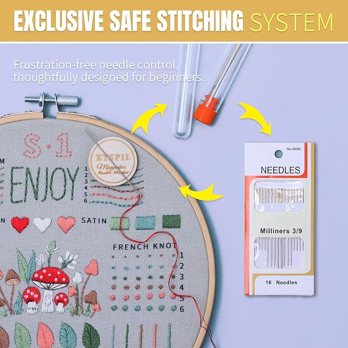 ETSPIL Embroidery Kit for Beginners, Magnetic Needle Minder & 4K Video Tutorials, Pre-Printed Floral Patterns, Bound Guide, Relaxing Screen-Free Craft for Women at Home