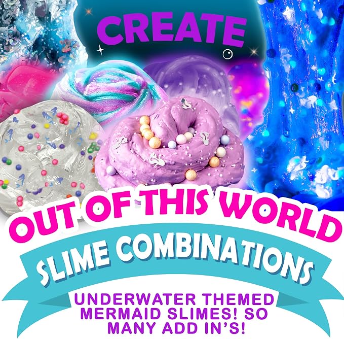 Original Stationery Mermaid Slime Kit - 35-Piece Multicolor Set, Ages 7+ - Glow-in-The-Dark Butter & Glitter Mix with Foam Cubes & Mermaid Tail Add-Ins - DIY Slime Making Kit for Kids & Girls