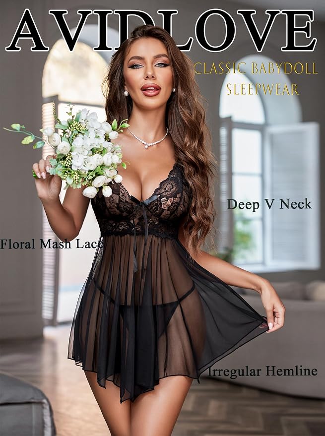 Avidlove Women Lingerie Lace Babydoll Mesh Nightgown Chemise Boudoir Nighty Sleepwear