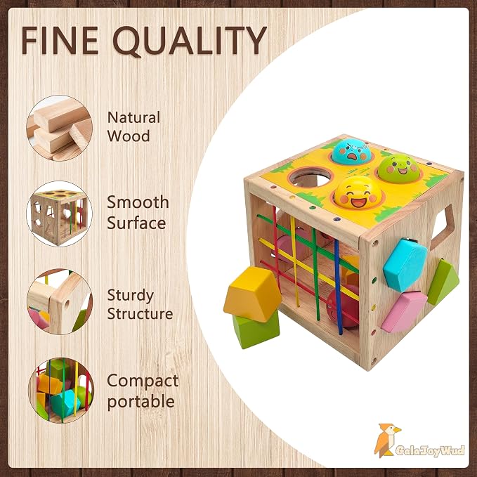 Wooden Activity Cube for Baby,Shape Sorters for Toddlers 1-3, Developmental Toy, Hammer Pounding & Sensory Blocks, Gift for Boys and Girls