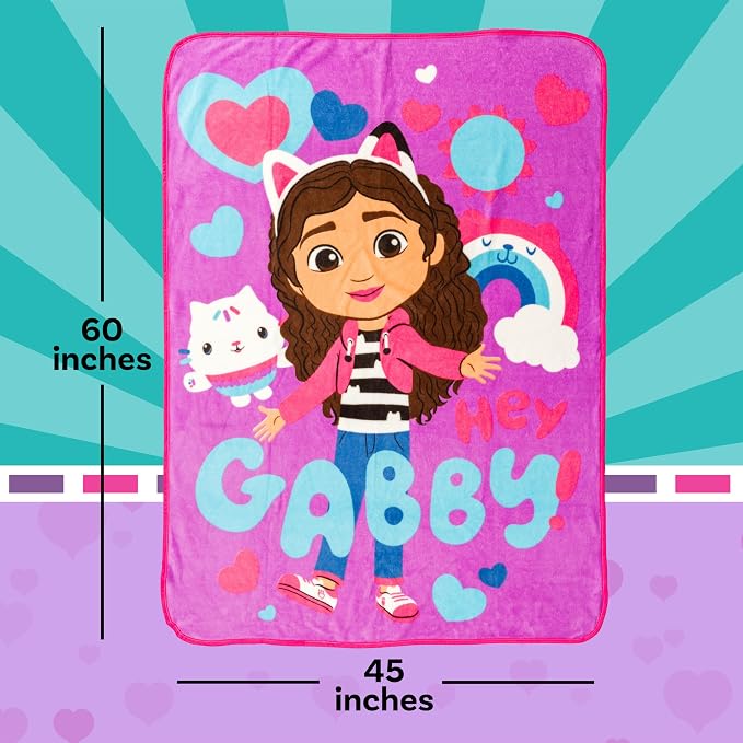 Silver Buffalo Gabby's Dollhouse Cupcake, Hearts, and Rainbows Hey Gabby 45" x 60" Fleece Throw, Soft and Cozy Blanket, 180 GSM