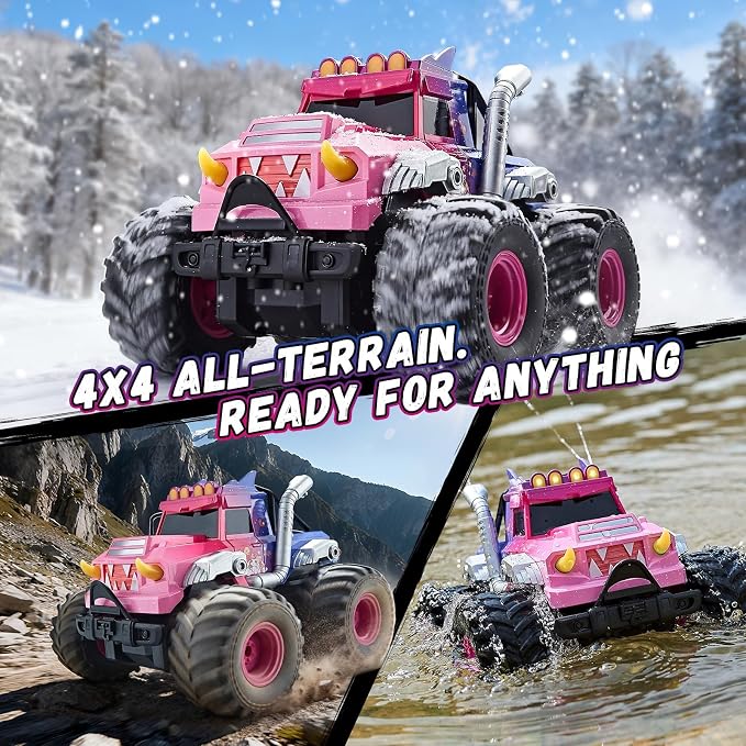 Remote Control Car for Girls, Waterproof Pink Monster Truck Toys W/Blocks & 360°Spin, 1:18 Amphibious RC Cars, 4WD All-Terrain Off-Road RC Trucks, Birthday Gifts Pool Toys for Kids Age 3-12