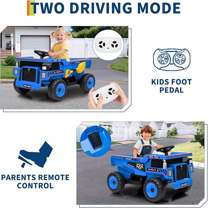 Garvee 12V Ride On Dump Truck for Kids, Ride On Car with Remote Control, Construction Vehicles with Dump Bed & Shovel, Ride-On Toys 16.5 in Spacious Seat, Music, Headlights, Soft Start, Blue