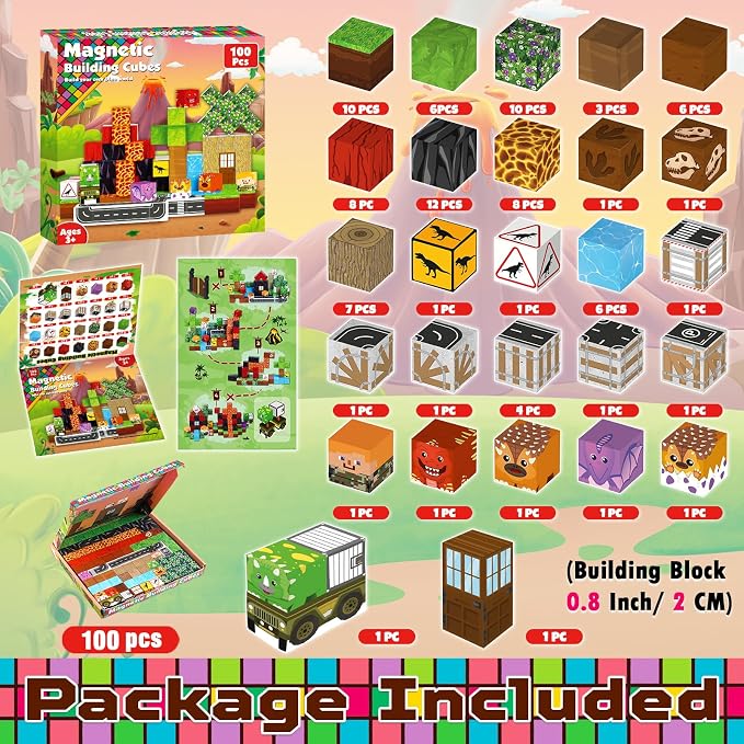 Goody King Dinosaur Volcano Magnetic Blocks |100PCS Dinosaur Magnetic Blocks Cubes,STEM Montessori Sensory Toys for Toddlers Kids Boys Girls Ages 3-5 6-8 Christmas Birthday Easter Gifts