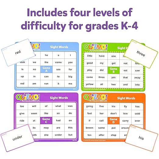 QUIZMO Sight Words | Bingo-Style Vocabulary Game | 4 Levels of Difficulty for Ages 5-9 | Teach Basic Reading and Writing Skills