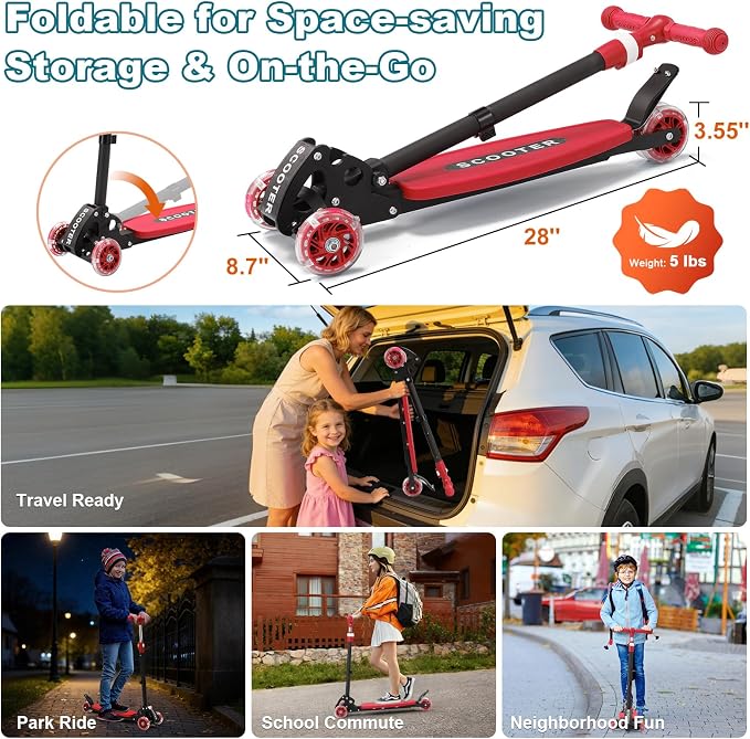 3 Wheel Kids Kick Scooter for Ages 3-12, Lean-to-Steer, Light-Up Wheels, 3-Level Adjustable Handlebar 27.5”-33”, Wide Non-Slip Deck, Dual Rear Brake,Travel Foldable, for Boys & Girls Toy Gifts