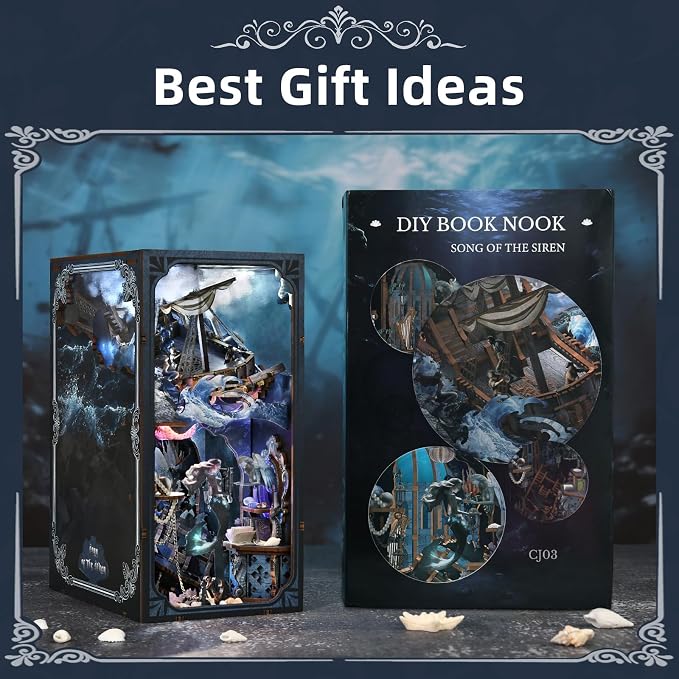 MiniCity Book Nook Kitwith Dust Cover and LED Light, 3D Wooden Puzzle Bookend Bookshelf Insert Decor for Teens and Adults (The Song of Sirens)