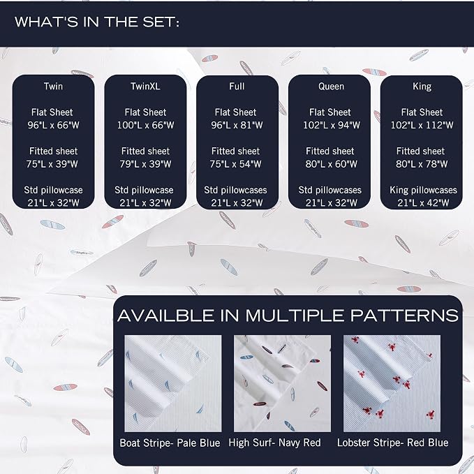 Nautica – Twin Size Sheet Set, Crisp Cotton Percale Bedding with Matching Pillowcase, Lightweight & Breathable Bed Sheets, Deep Pocket, College Dorm Room Essentials (Lobster Walk Blue)