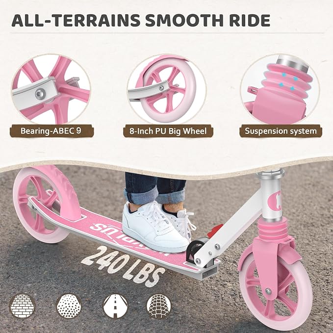 WAYPLUS KS1 Kick Scooter for Ages 6+,Kid, Teens & Adults. Max Load 240 LBS. Foldable, Lightweight, 8IN Big Wheels for Kids, Teen and Adults, 4 Adjustable Levels. Bearing ABEC9 FED Fitness