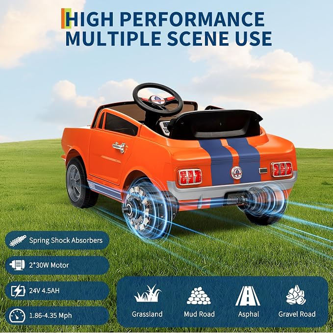 Garvee 24V 2 Seater Ride on Licensed Shelby GT350, Battery Powered Ride on Toys for Kids with Remote Control, Ford Shelby Kids Electric Vehicle 2 Seat, Safety Belt, 2 Speeds, LED Lights, Orange