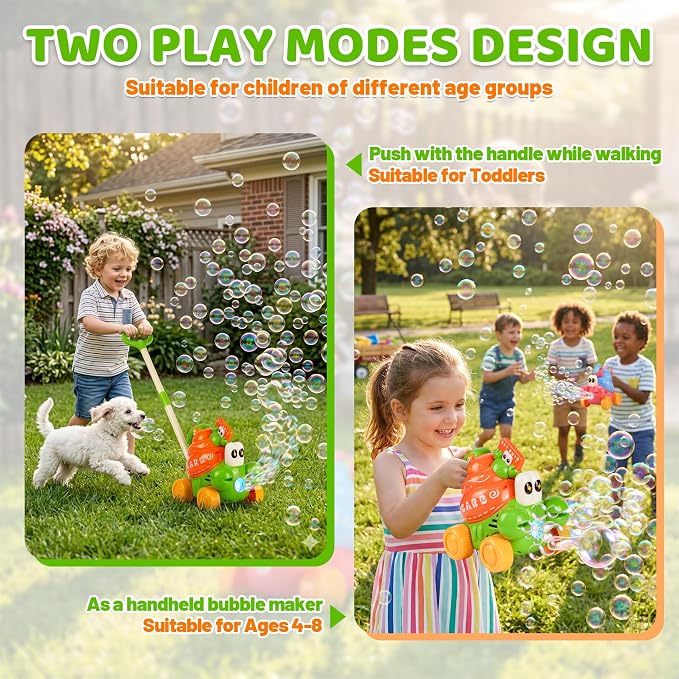 Crab Bubble Machine for Kids,Handheld or Push Bubble Maker Blower,Bubble Lawn Mower W/Lights,Outdoor Toys Birthday Gift for Toddlers Boys Girls 3 4 5 6 Years Old (USB Rechargeable)