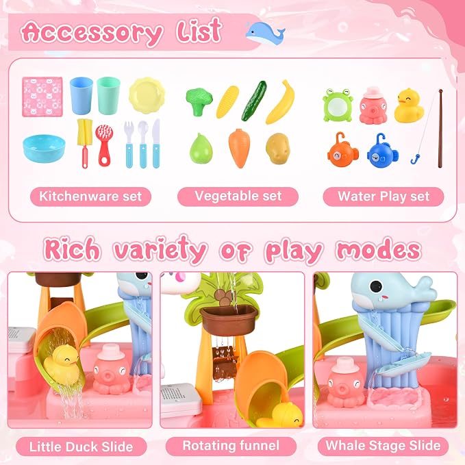 Kids Sand Water Table — 4-in-1 Kitchen Sink Toy with Electric Water Pump, Faucet, Play Food Accessories & Fishing Set, for Boys & Girls Age 3+ (Pink-Cloud)