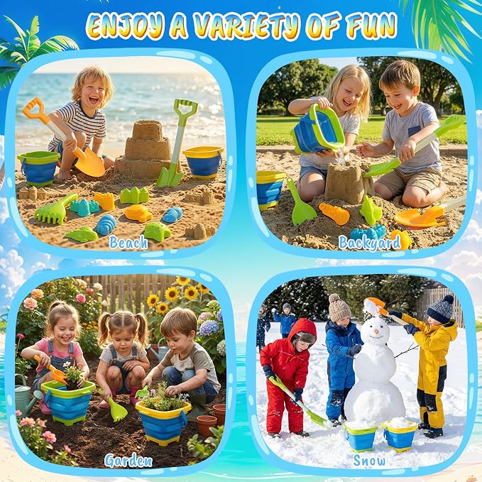 HUITEM Beach Sand Toys for Kids with 20 in Long Beach Shovels, 2 Collapsible Bucket, Sand Castle Building Kit, Sand Molds, Mesh Bag, Travel Sandbox Toys Beach Essentials for Kids Age 3-10