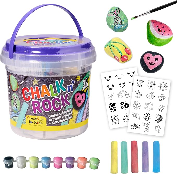 Creativity for Kids Chalk n' Rock Bucket Kit | Draw Chalk Designs and Paint 20 Rocks | Fun DIY Sidewalk Art and Outdoor Activity for Kids | Summer Activites for Kids (Ages 6+)