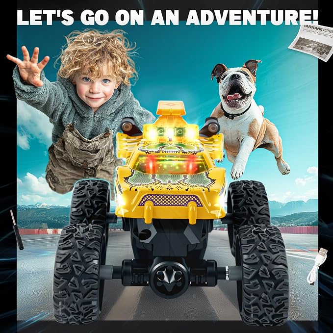 BEZGAR Mini Monster Truck Toys - 2.4GHz 1:64 Remote Control Car with Colorful Lights, 360° Spins, Metal Shell - Remote Control Monster Truck for Boys Girls Age 3, 4, 5, 6, 7, 8 Years Old(Yellow)