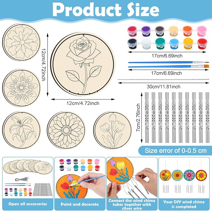 Silipull 24 Sets Summer Flower Wind Chimes Craft for Kids Back to School Color Your Own Windchime DIY Unfinished Wood Hanging Ornament Coloring Wind Chime for Kid Graduation Gift Party Supply