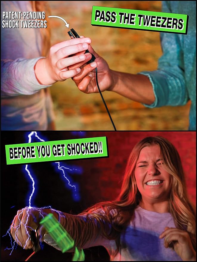ShiZap! - Electric Shock Stacking Block Game, Plastic Tumble Tower Blocks, Shocking Tweezers, LED Base That Plays Suspenseful Music, Family Fun Party Games for Teenage Boys, Girls, Adults