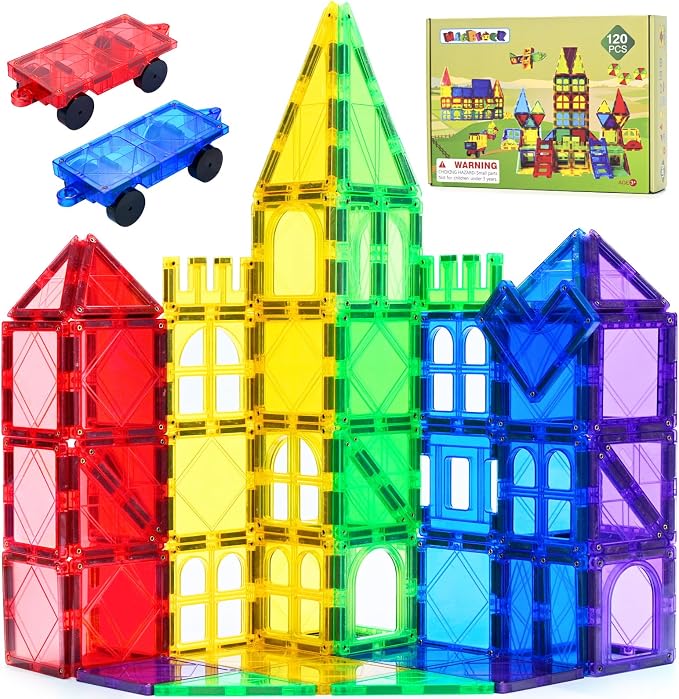 MAGBLOCK Magnetic Tiles Kids Toys, 120PCS 3D Magnetic Building Blocks Set Construction Toys Educational STEM Magnet Tiles for Kids Stacking Blocks Learning Gifts for Toddlers Boys Girls