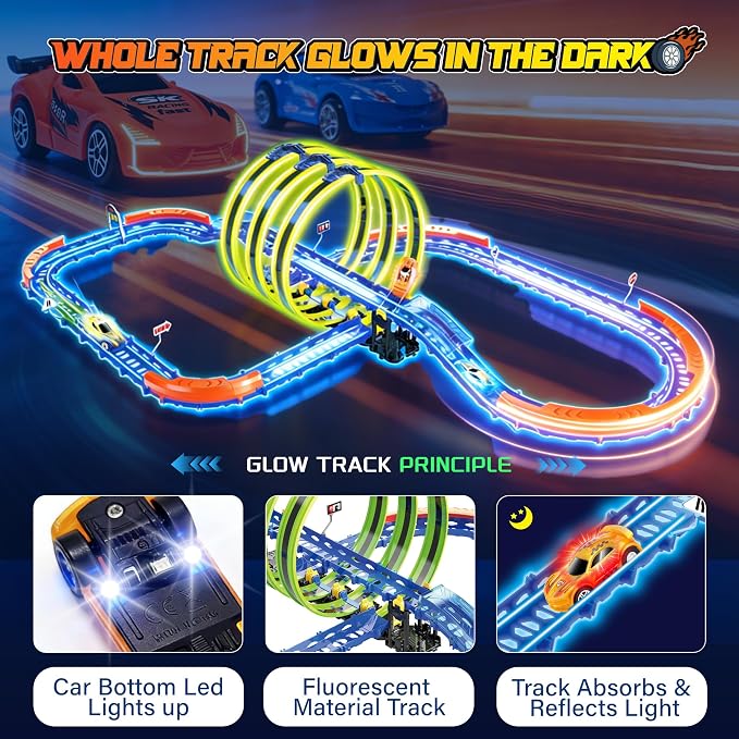 Glow Toy Car Race Track Set, 71 Pcs Glow-in-The-Dark Tracks for Kids Ages 3-8, Electric Speed Car Light-Up Whole Slot Track, Track-Building with 360° Magic 3 Loops, 1:64 Scale Vehicle, Boys Girls Gift