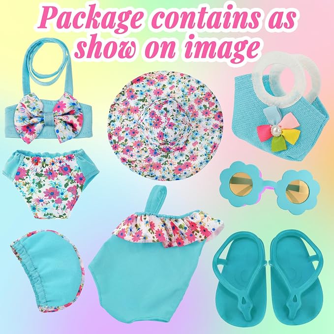 Kajaia 8 Pcs Light Blue 18 Inch Doll Clothes and Accessories Doll Swimsuit Dress Flip Flops Hat Outfit Swimsuit Accessories