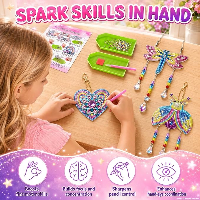 Diamond Art Kits for Kids Ages 8-12, 3PCS DIY Diamond Art Painting, DIY Sun Catcher Wind Chimes for Home/Garden/Classroom Decor, Creative Gem Painting Gifts for 8 9 10 11 12 Year Old Girls Teen Adults