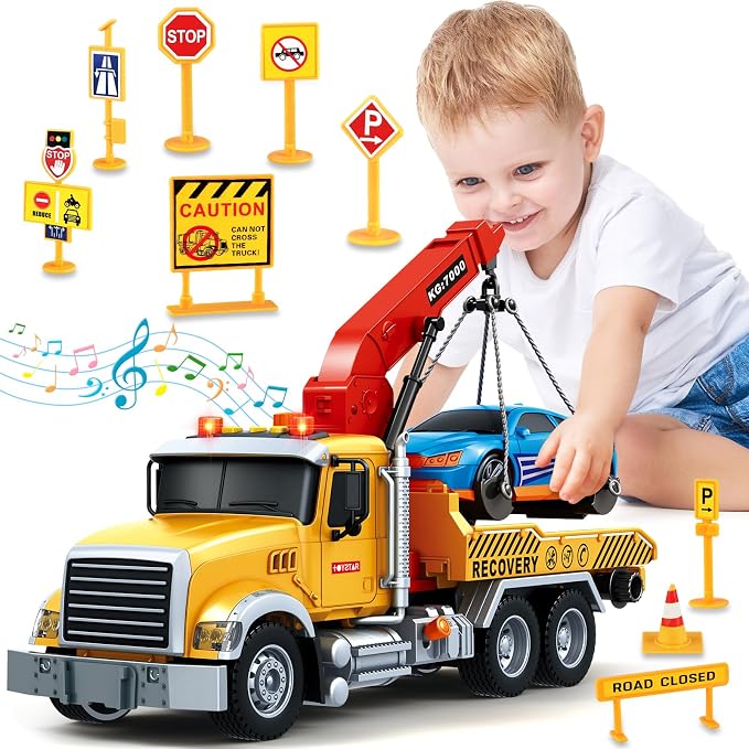 SpringFlower 15" Large Tow Truck Toy, Toy for 3 4 5 6 Years Old Boy Toddlers, Truck Vehicle with Racing Car, Traffic Signs, Working Hook, Light Sound, Birthday Gifts for Boys & Girls