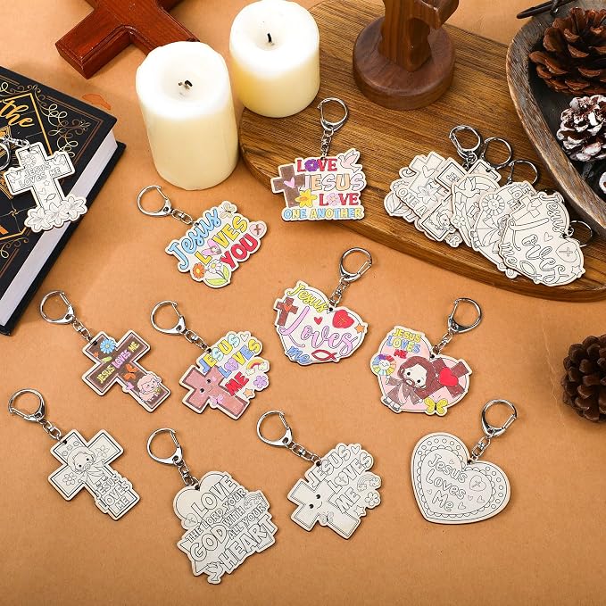 Trnayi 36 Pcs Christian Unfinished Crafts Color Your Own Jesus Loves Me Religious Keychains Wood DIY Coloring Crafts Gifts for Religious Painting DIY Arts Project Decoration