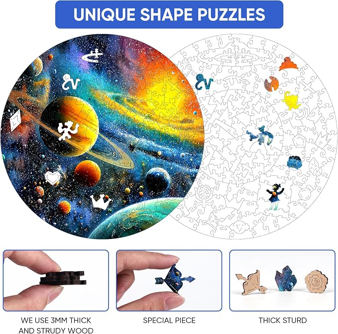 MEATRN Wooden Puzzles Solar System 200 Pieces - Colorful Space Puzzle for Adults and Students, Educational Astronaut Theme, Perfect Birthday or Graduation Gift, 11.2x11.3 in