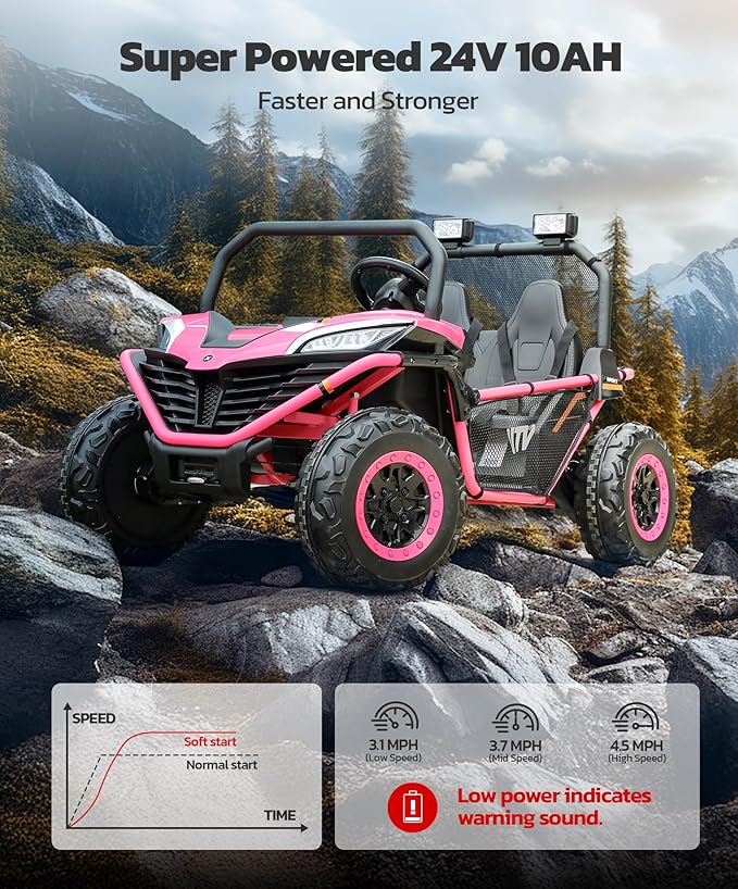 ELEMARA 24V Ride on Car for Kids, 2 Seater XL 20" Seat Ride on Toy, 10AH 4WD Battery Powered 4.5MPH Electric Car with Remote, 3 Speeds, Music Gift for Ages 3-8