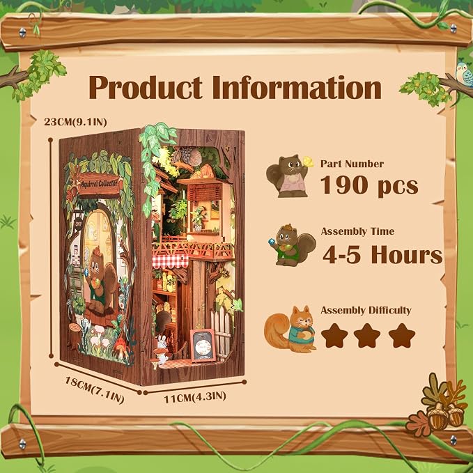 Cutefun Book Nook Kit, DIY Miniature Booknook Kit for Adults, 3D Wooden Puzzle Bookend Bookshelf Decor with LED Light & Dust Cover Creative Crafts Gifts for Book Lovers (Squirrel Collector)