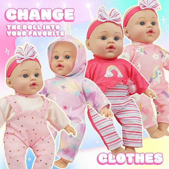 SMILESSKIDDO 12 Inch Soft Body Baby Doll for Toddlers with Take Along Dolls Backpack Carrier Accessories, Baby Doll Clothes and Babydoll Caring Set for Toddler Kids Girls