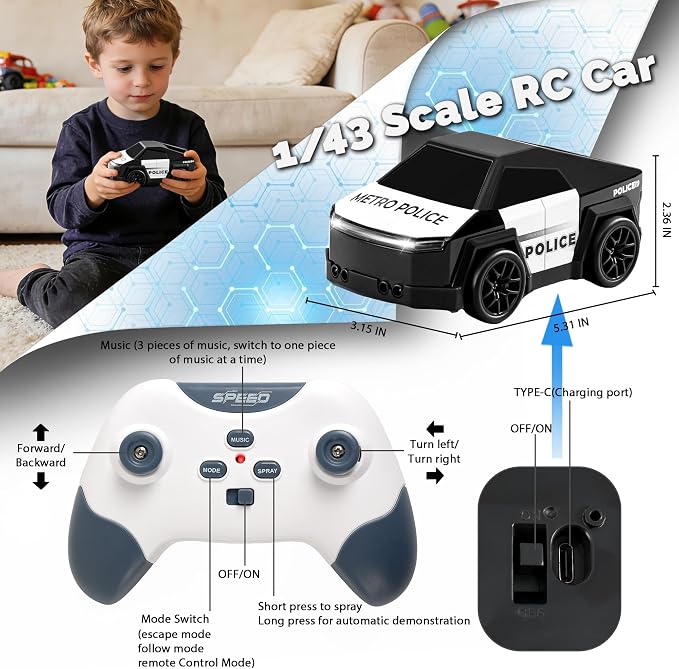 Remote Control Car Cyber-Inspired Rc Cars Toys with Drift Spray Lights Sound Automatic Follow 2.4GHz Rc Truck Toys for 3+ Boys Pet