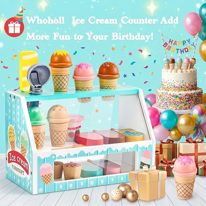 WHOHOLL Wooden Ice Cream Counter Playset for Toddler Girl Toys, Play Store Pretend Toy Food Play Kitchen Accessories with Fake Money & Coin, Christmas Birthday Gifts for 3+ Year Old Kids (Green)
