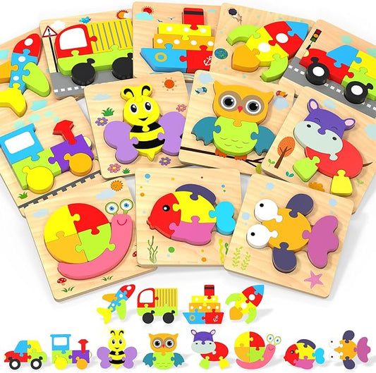 Wooden Puzzles Toddler Toys for Boys Girls, 12 Vehicle Shape Learning Educational Blocks Birthday Gifts Sensory Toy Montessori Toys