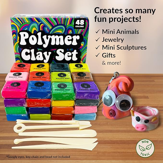 HIPPIE CRAFTER Polymer Clay Set - 48 Colors Oven Bake Clay, Colorful Modeling Clay Kit with 5 Tools for Sculpting, Jewelry Making, Beads, Earrings, Molds, and Crafts